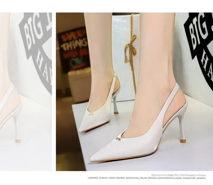 BIGTREE Shoes Sweet Metal Decoration Women Pumps Pointed High Heels silks satins heeled Sandals Women Summer Shoes Stiletto 8 cm