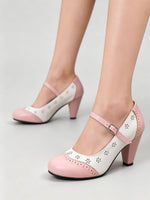 2026 Plus Size 48 Vintage Brown 7.5cm High Heels Mary Janes Pumps Retro Comfy Walk Summer Pink Office Lady Brogue Shoes Women