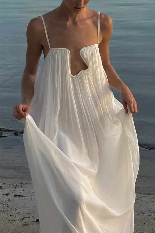 Women's White Spaghetti Strap Long Dress Fashion Solid Color Vacation Style Irregular Neck Backless Dresses Sexy Beach Vestidos