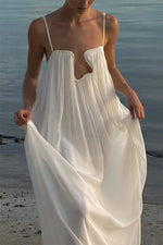 Women's White Spaghetti Strap Long Dress Fashion Solid Color Vacation Style Irregular Neck Backless Dresses Sexy Beach Vestidos