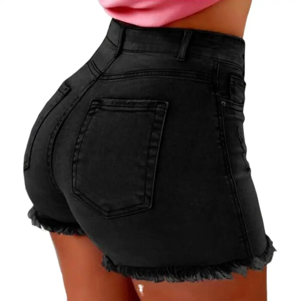 Summer Women Shorts High Waist Washed Retro Distressed Ripped Edge Butt-lifted Slim Fit Pockets Casual Club Party Short Pants
