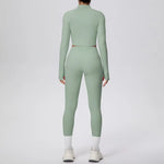 New Women Yoga Set Solid Color Double-Sided Brushed Bare Feel Short Long-Sleeve Jacket Tight Pants Running Fitness 2-Piece Set