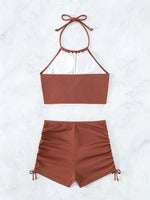 Sexy Ring Linked Pleate Bikini Set Women Brown Cut Out Push Up Two Piece Swimsuit 2024 Bathing Suit High Waist Panties Swimwear