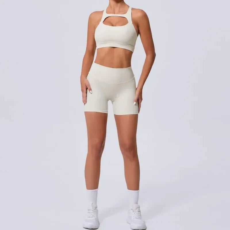 Seamless Yoga Sets Sports Fitness Peach Hip-lifting Pocket Shorts Cross Beauty Back Vest Suits Workout Gym Shorts Sets for Women