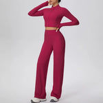 2 Pcs Women's Seamless Yoga Set Long-sleeved Wide-leg Pants Tracksuit Fitness Sports Set High-waisted Hip-lifting Slim-fit Suit