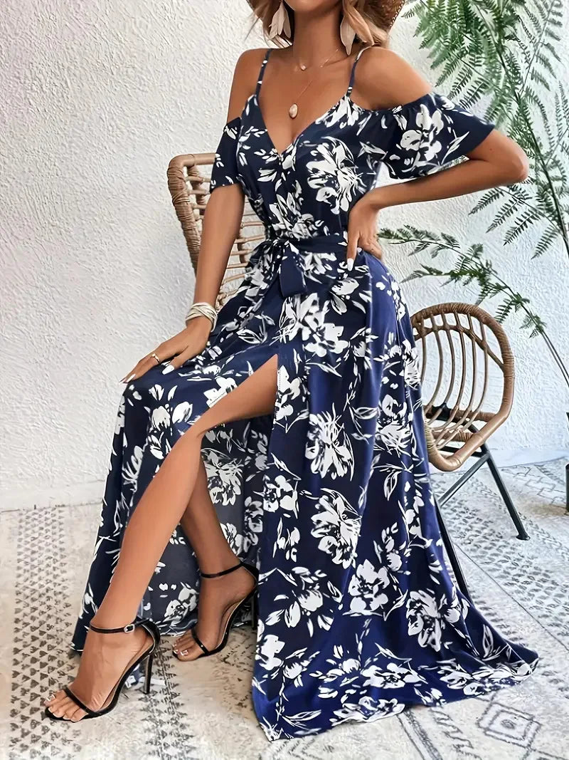 New Summer Women Print Dress 2025 Fashion ElegantVacation Party Short Sleeve Slim V-neck Slit Long Dresses Vestidos Para Mujer