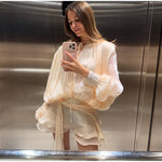 Fashion Solid Mesh Long Sleeved Backless Pleated Prom Dresses Chic Ruffle Bow Lace Up Women Mini Dresses Lady Spring Party Robe