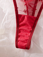 Red French Lace Embroidery Bra Set with Garter Belt Three-Piece Ensemble Sexy Underwear for Women