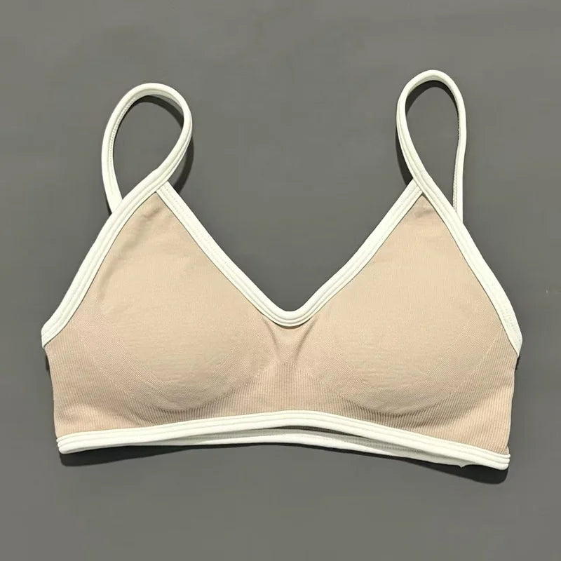 Contrastline Bra Women Backless Knitted Sports Bra Solid Color Gym Fitness Top With Chest Cushion Sexy Suspender Yoga Sports Bra