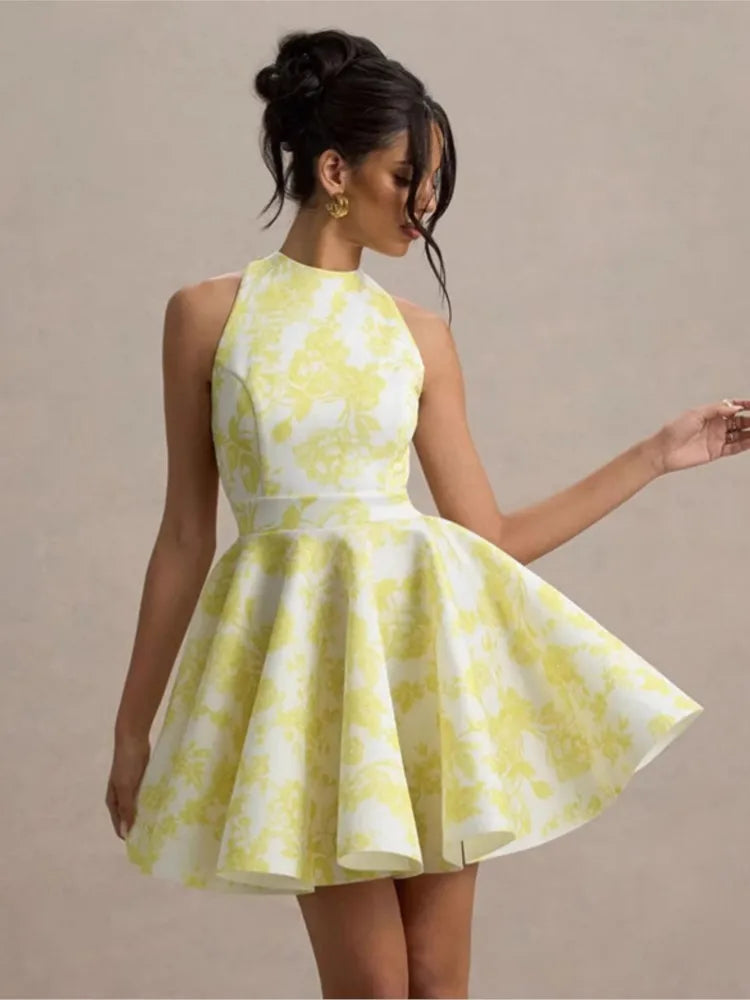 Tank A-Line Mini Dress For Women Fashion Sexy Streetwear Floral Printed Sleeveless Halter Neck Backless Lace-up Vestidos Female