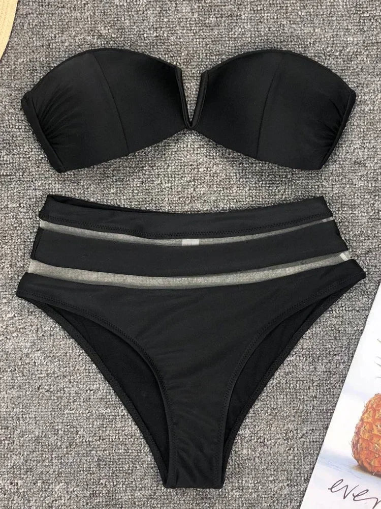 Sexy Bra Cup Bandeau Bikinis High Waist Bikini Women Swimsuit Female Swimwear Two-pieces Bikini Set Mesh Bathing Suit Swim Lady