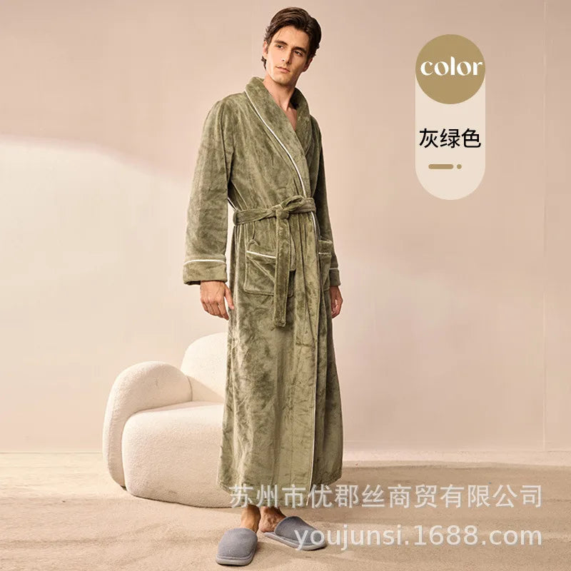 2026 Autumn Winter New Thick Coral Fleece Couple Bathrobe, Long Flannel Robe for Men Women Warm Home Pajamas Loungewear