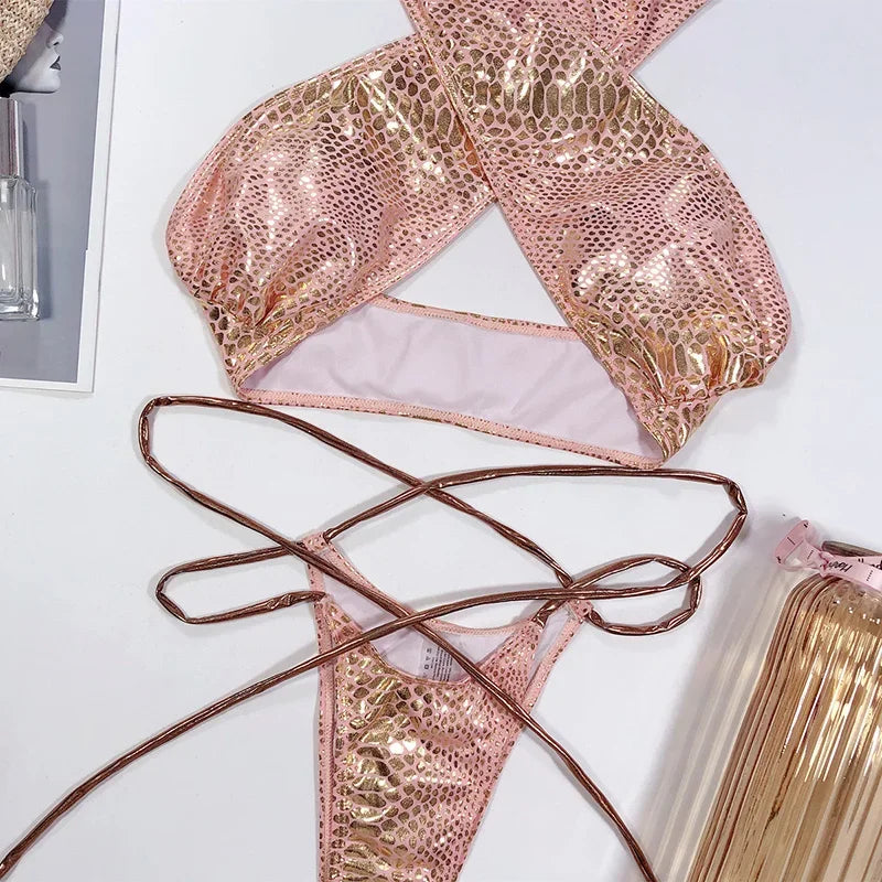 Snake Skin Mini Micro Thong Bikini Women Swimwear Female Swimsuit Two Pieces Bikini Set Halter Wrap Around Bathing Suit Swim