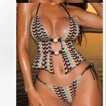 DEKA Sexy Coffee Striped Bikini Set Women Beaded String Hollow Out Crop Top Thong Swimsuit Summer Bathing Suit