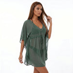 Women Mesh Sheer Swimwear Cover-ups Loose Fit Solid Color Short Sleeve Mini Dress for Beach Pool Casual Bikini Cover Ups Summer