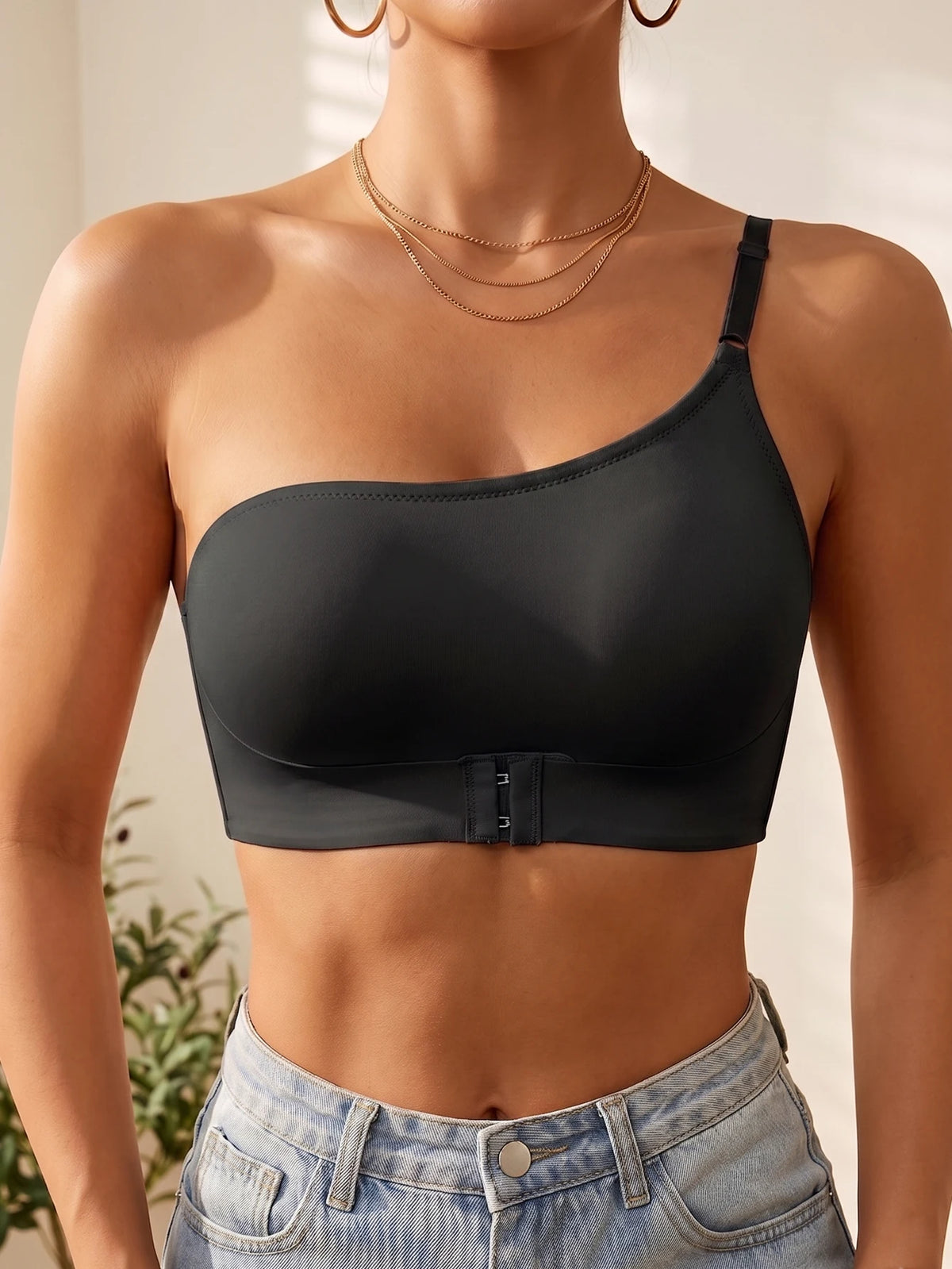 Women's One Shoulder Seamless Bra Front Closure Comfort No Lining Wireless Lingerie