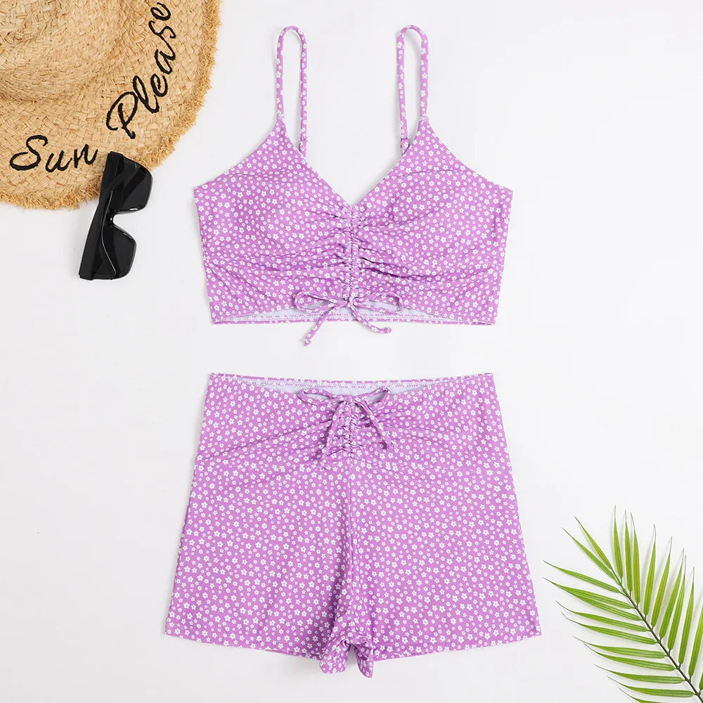 High Waist Bikini Swimsuit Women 2024 Floral Print Swim Suits Drawstring Front Shorts Boxers Swimwear Trunks Pool Bathing Suit