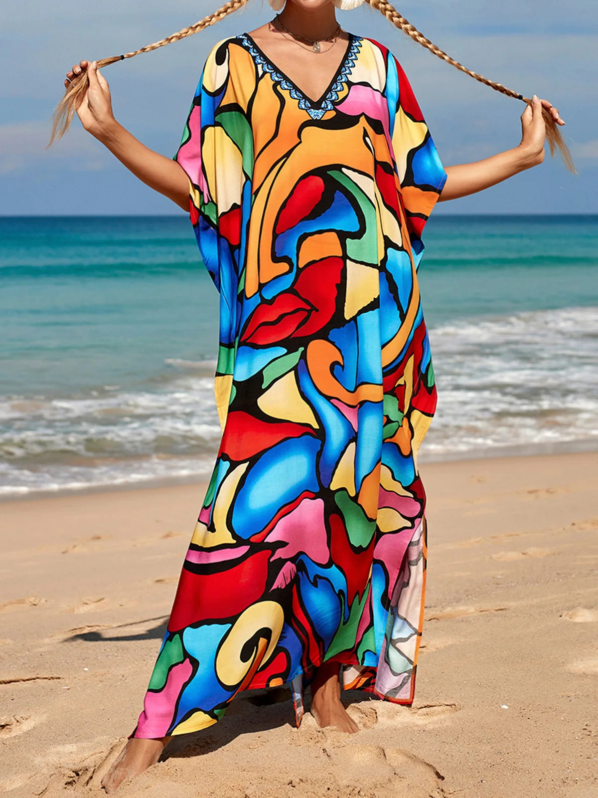 2026 New Colorful Kaftan Tunic Beach Dress Beach Wear Beachwear Beach Cover Up Cover-upsLoose Maxi Dress Female Women V4428