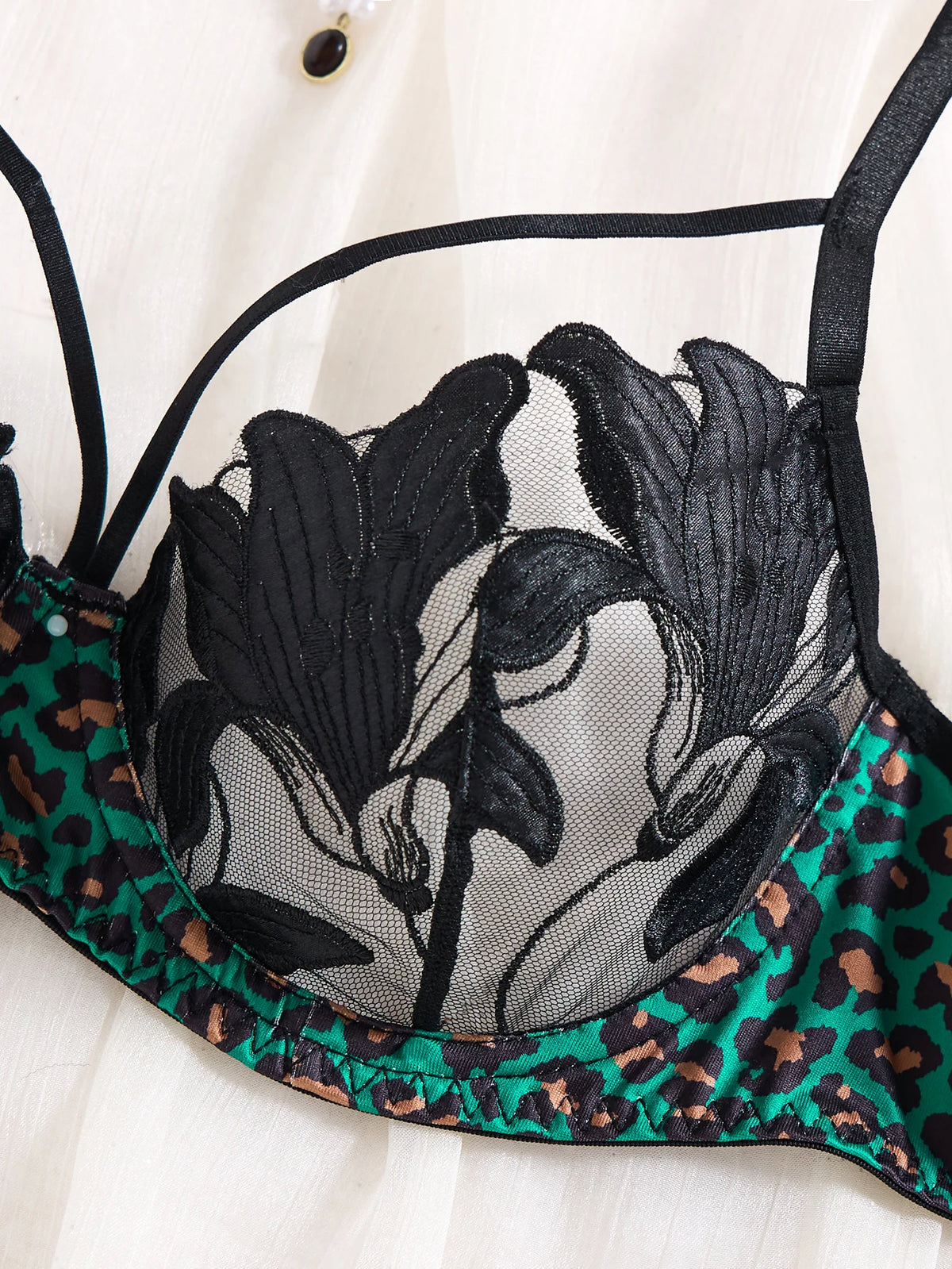 3/4 cup gathered netted lace lingerie set - green leopard print black floral embroidered bra and panties set ZA825183