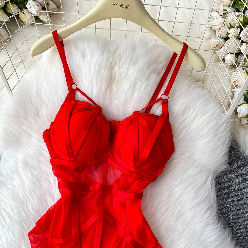 MOYISU Sexy Western Style Bodysuit for Women Sheer Net Halter Push Up Pads Summer Lingerie Figure Control See Through Hot Sale