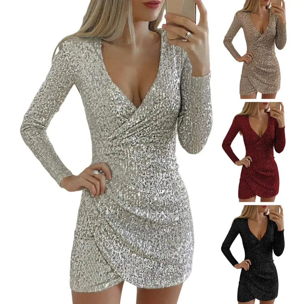 Spring Summer Women Dress Sequin Deep V Neck Slim Long Sleeves Slim Fit Pleated Party Club Short Dress Dating Prom Mini Dress