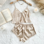 Summer Stain Silk 2-Piece Pajamas Set for Women Spaghetti Straps V Neck Crop Tops and Shorts Sleepwear Loungewear for Home