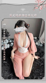 Women Sexy Lingerie Hanfu Dress Cosplay Costume Deep V Erotic See-through Pink Chinese Ancient Style Temptation Dresses