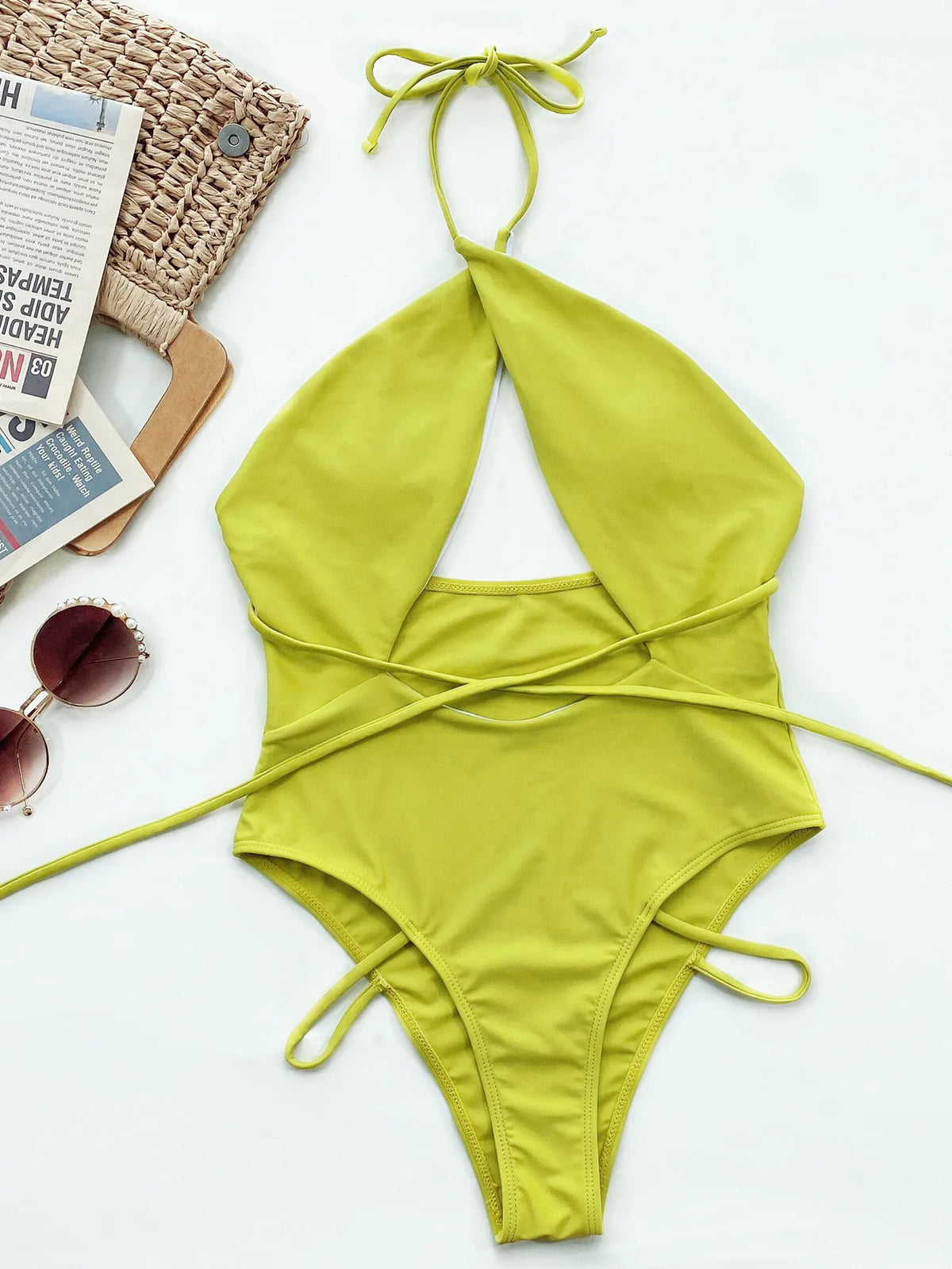 2026 New One Piece Swimsuit Swimwear Women Solid Cross Halter Hollow Bandage Bathing Suit Beachwear Female Maillot De Bain Femme