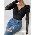 Sexy White Lace Bodysuit Women Solid Color Long Sleeve Sheer Corset Top Autumn Ruffles V Neck See Thourgh Slim Fit Jumpsuit