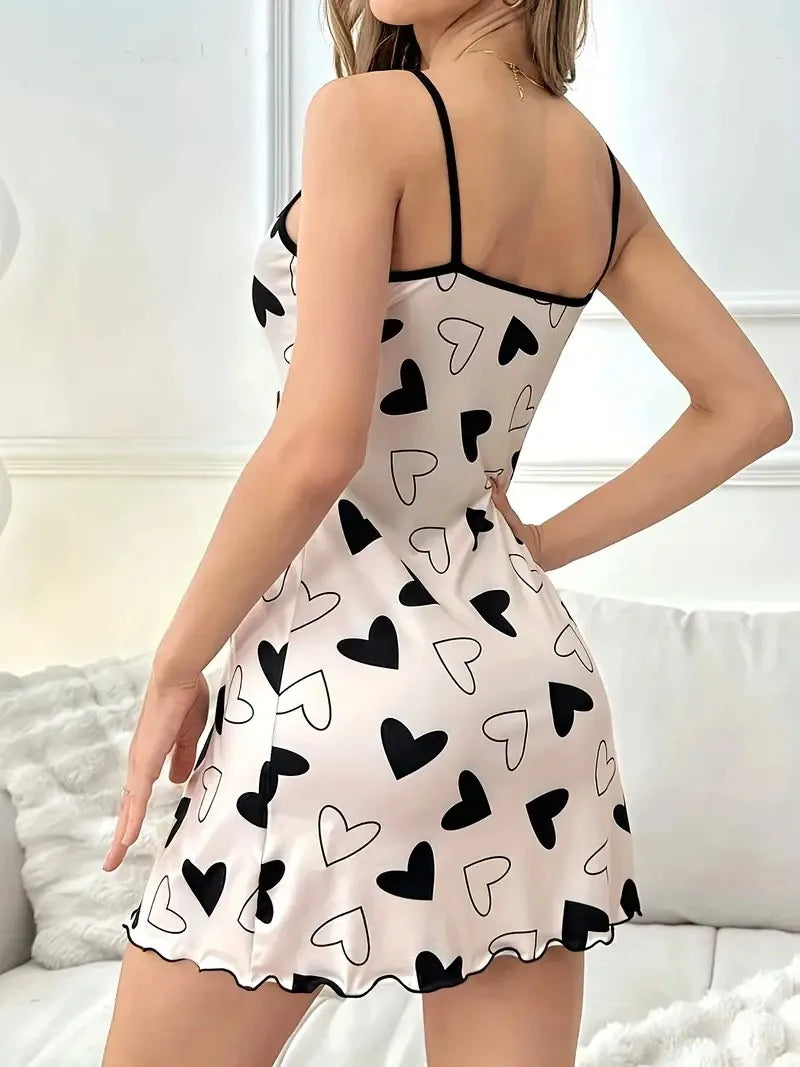 Heart Print Casual Frill Trim Sleepwear Women's Sexy Lingeire Nightdress Round Neck Backless Slip Dress Comfortable Nightgown