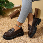 Women Metal Buckle Platform Loafer Shoes Slip On Chunky Lug Sole Round Toe Vintage Preppy Casual Dress Shoes