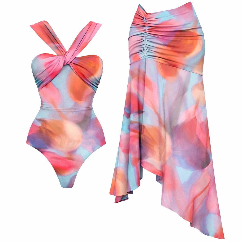 2Pcs Striped Swimsuit With Long Skirt Sexy Women Bikini Push Up Swimwear Halter Biquini Female Bathing Suit Slimming Beachwear