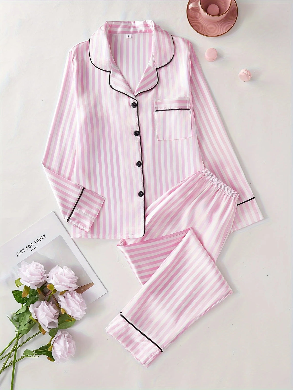 Stylish Striped Pajamas Set for Women Sleepwear Long Sleeve Button Top and Long Pants Set Homewear and Loungewear
