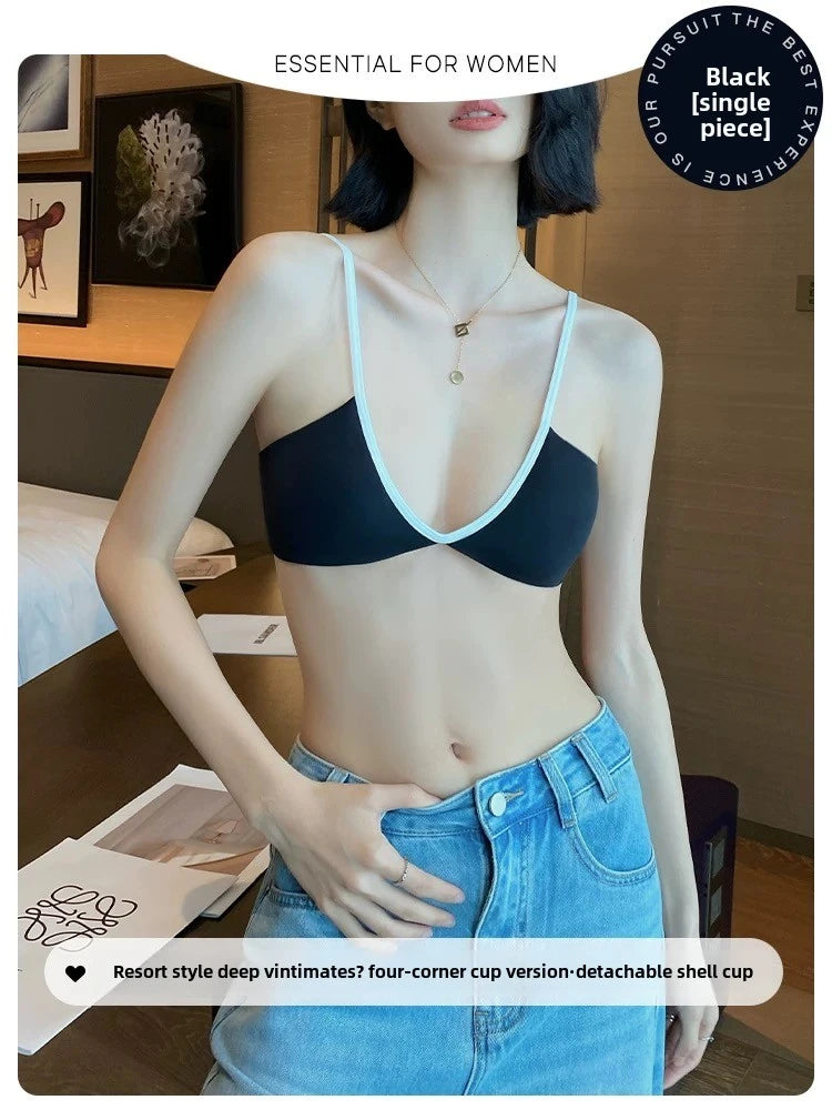 MOYISU Lingerie Women Thin Summer French Small Breasts Sexy Deep U Shell Cup Spice Girl Fashion No Trace No Underwire Bra Bra
