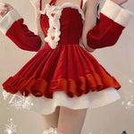 Cute Bunny Santa Christmas Costume Velvet Ruffle Mini Dress Rabbit Headband Bow Tie Xmas Holiday Cosplay Fancy Outfit For Ladies