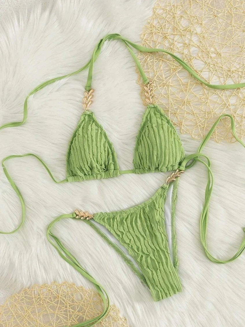 DEKA Chain Triangle Halter Backless Bikini Set New Solid Color 2 Piece Lace-up Swimsuit Sexy Thong Bathing Suit Swimwear