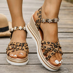 2025 Wedge Heel Leopard Print Sandals Women Fashion Crystal Flowers Thick Bottom Sandalias Mujer Cross Band Platform Sandles 43