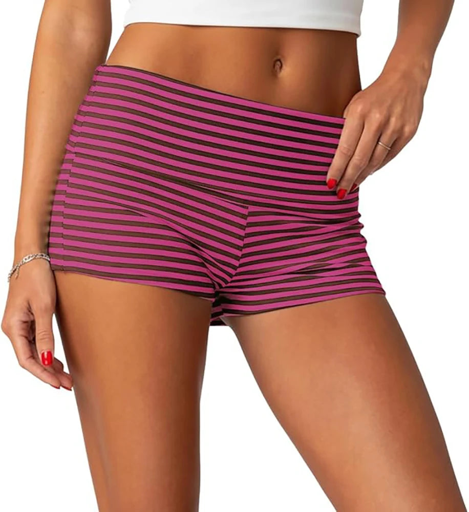 Women's Fold Over Mini Shorts Summer Fashionable Causal High Waist Bodycon Skinny Shorts Striped/Solid Color Short Pants