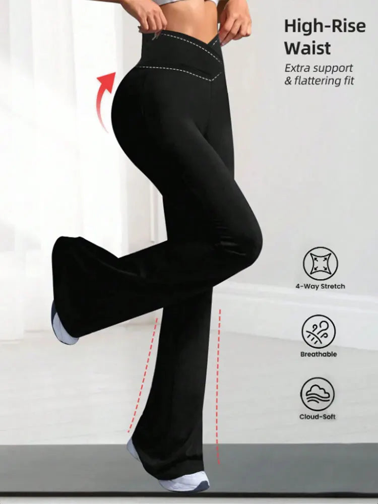 Criss Cross Stretch Flare Pants Minimalist High Waist Commute Yoga Trousers Sexy Casual Sports Leggings For Womens Slim Figures