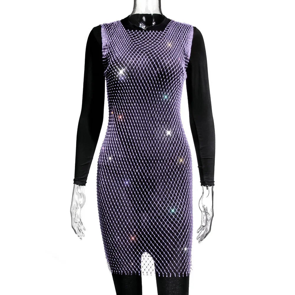 XS-2XL 15 Colors Rhinestones Fishnet Dress O-Neck Grid Swimsuit Bikini Cover Up Beach Pool Party Cover-ups for Swimwear Women