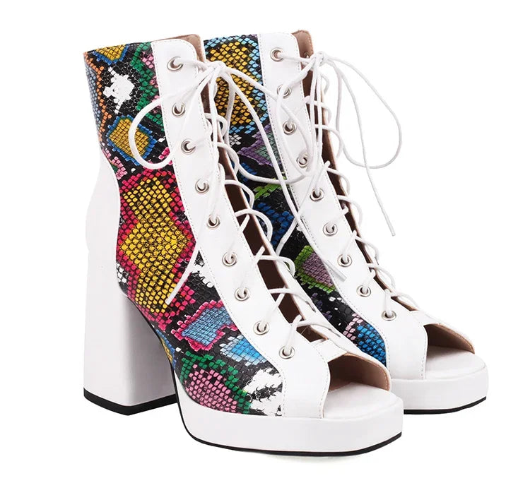 White Floral Embroidered Peep Toe Lace-Up Chunky Block Heel Platform Hollow Out Ankle Sandal Boots for Women