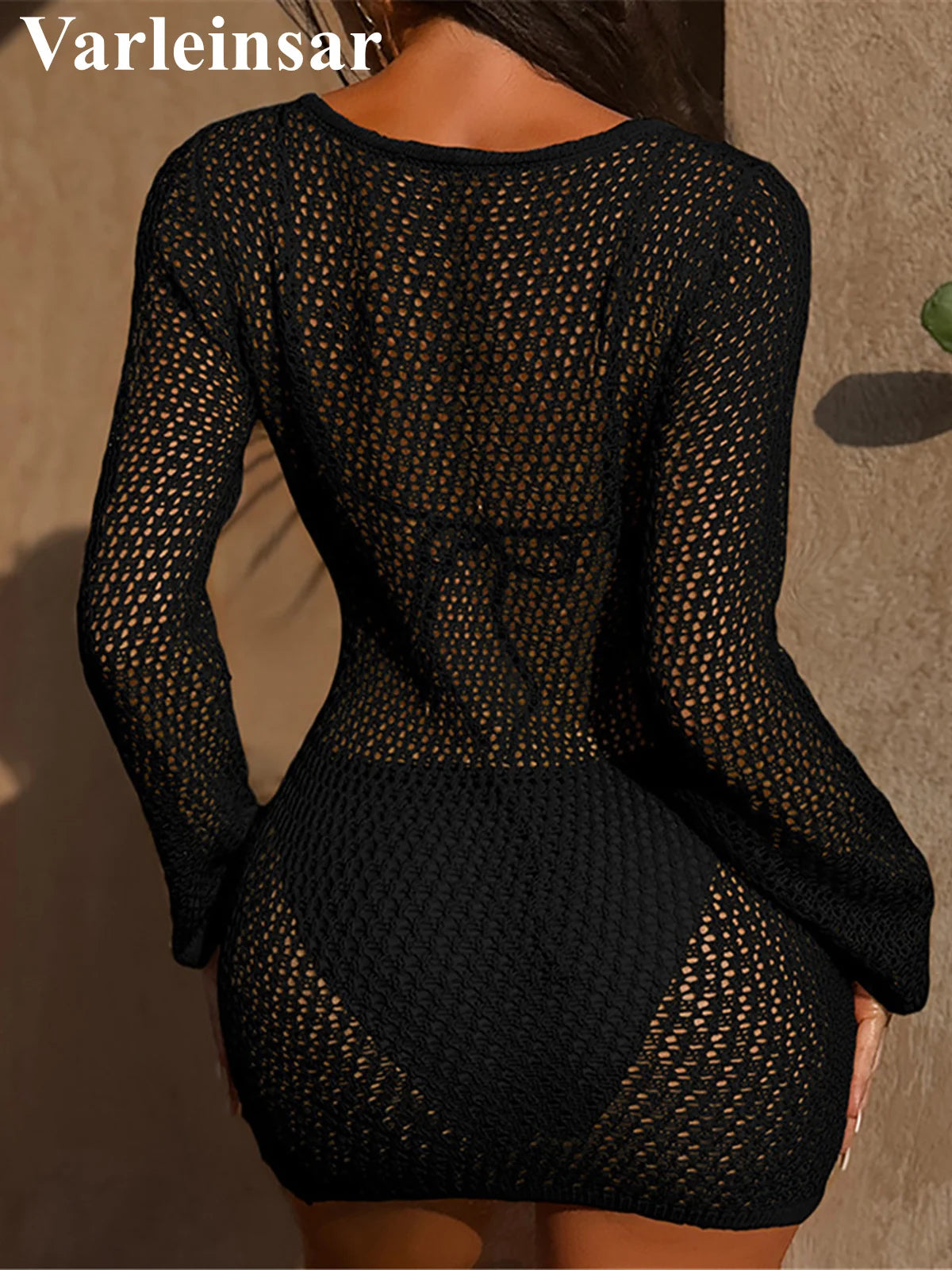 Long Sleeve Hollow Out Crochet Knitted Tunic Beach Dress Beach Wear Beachwear Beach Cover Up Cover-upsFemale Women V6552