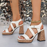 French Brown Roman Sandals for Women Square Toe 9cm Chunky Heel Platform Hook&Loop Big Size 34- 43 Modern Daily Lady Shoes New