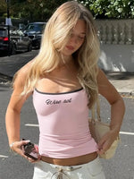 FDYOUI Y2K Camisole Tops for Women Spaghetti Strap Letter Print Pink Corset Y2K Streetwear Girls Backless Cropped Tank Top Black