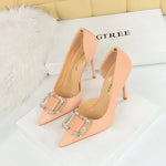 BIGTREE Pumps Elegant Pointed Crystal Buckle Slim High Heel Single Shoes Women Silk Spring/Summer High Heel Pumps Wedding Dress