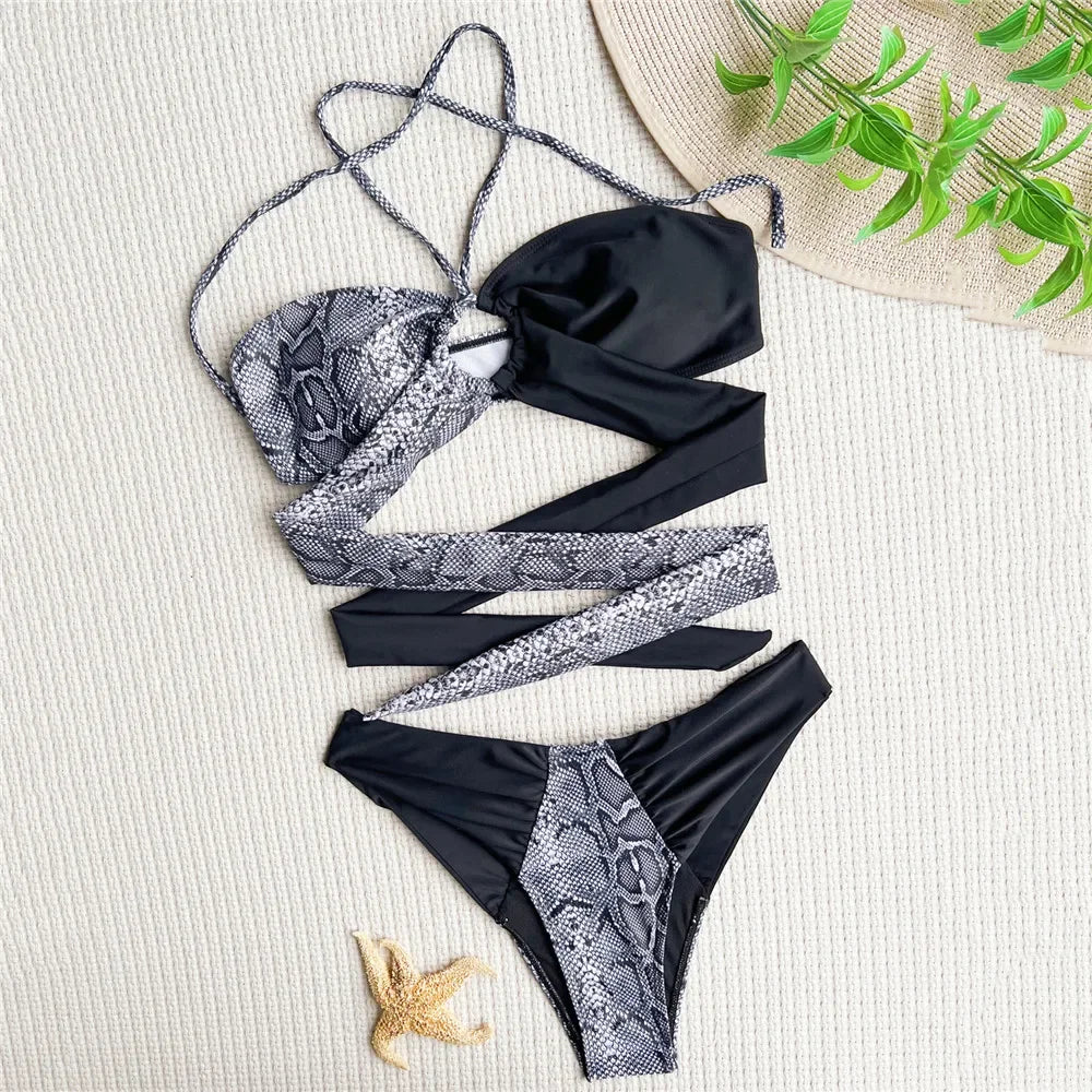 Sexy Snake Print Halter Bandeau Bikinis Set Thong Swimsuit Women Push Up Swimwear High Cut Bathing Suit Biquini Beachwear bikini