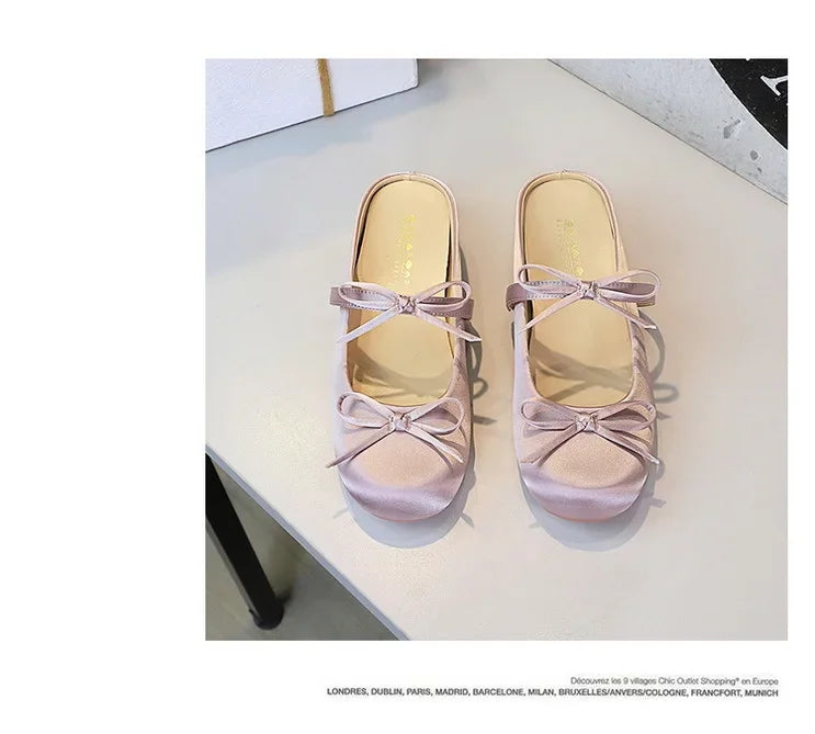 BIGTREE Satin Bow With One Strap With Shallow Mouth Half-Tugging Women's Hollow Inner Heightened Round-Head Sandals Comfortable