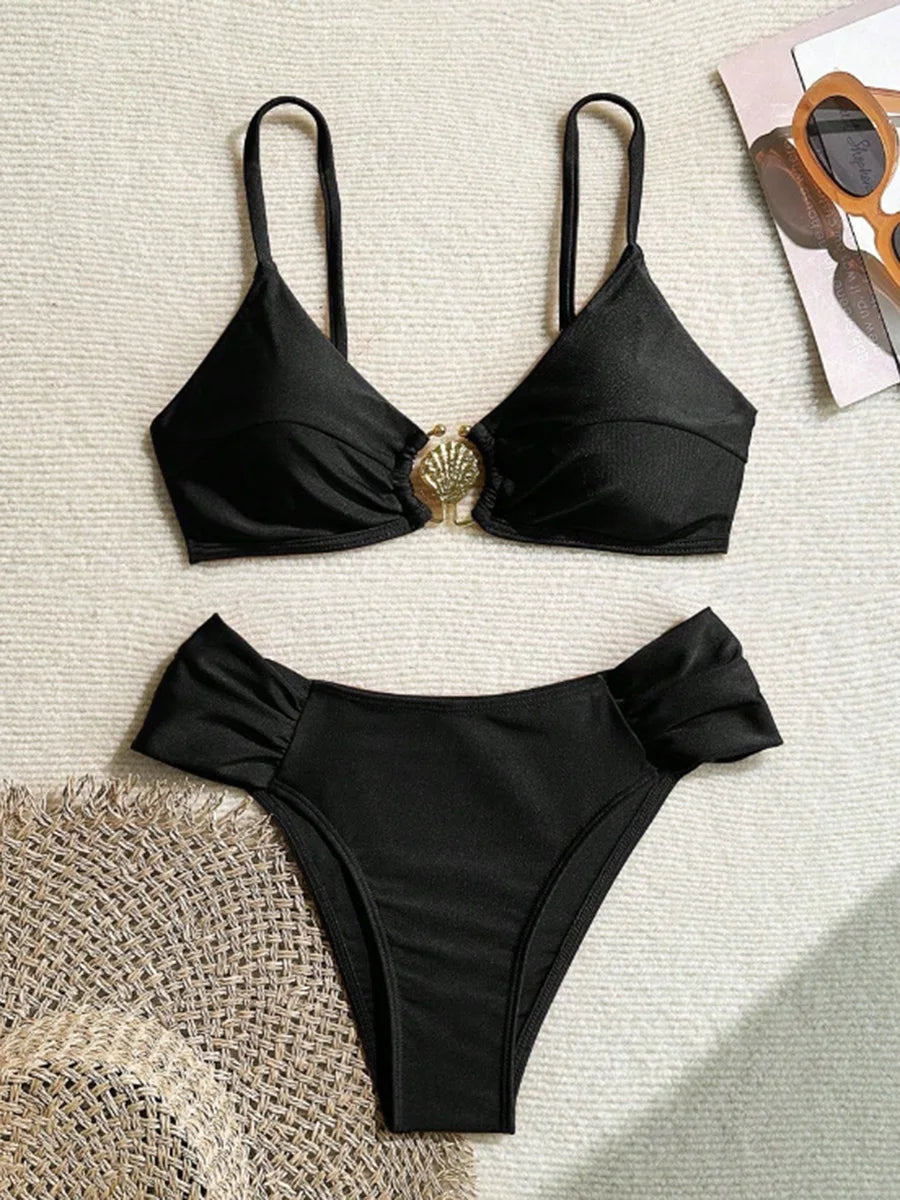S - XL Metal Shell Halter Female Swimsuit High Waist Bikini Women Swimwear Two-pieces Bikini set Bather Bathing Suit Swim Lady