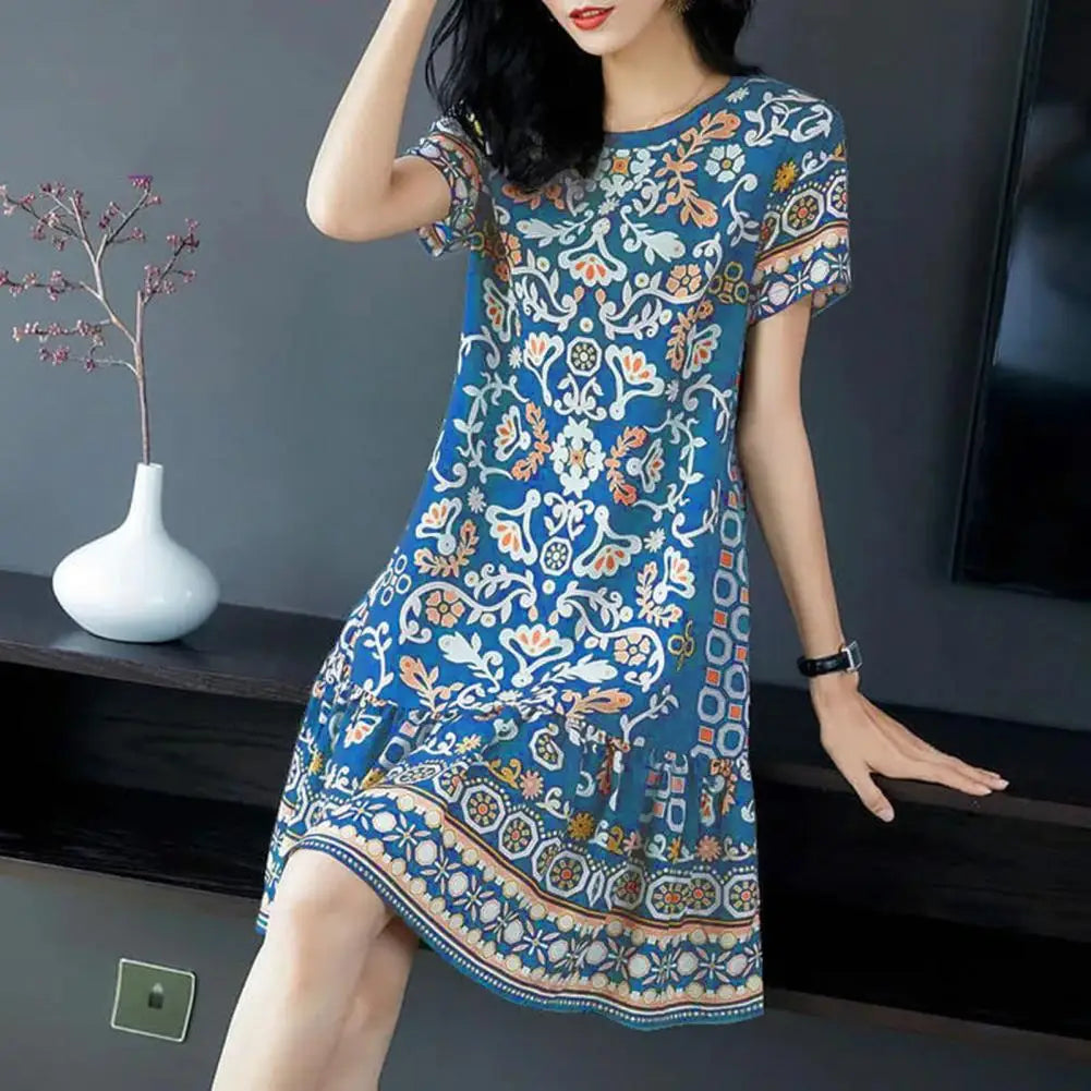 Summer Women Dress Half Sleeves Round Neck Retro Print A-line Big Hem Knee Length Loose Casual Daily Wear Vacation Midi Dress