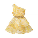 Women's Sexy One-Shoulder Waist-Cinching Dress Pure Desire Yellow Floral Print Ruffled Mini Dress Party Dress For Women NRR0
